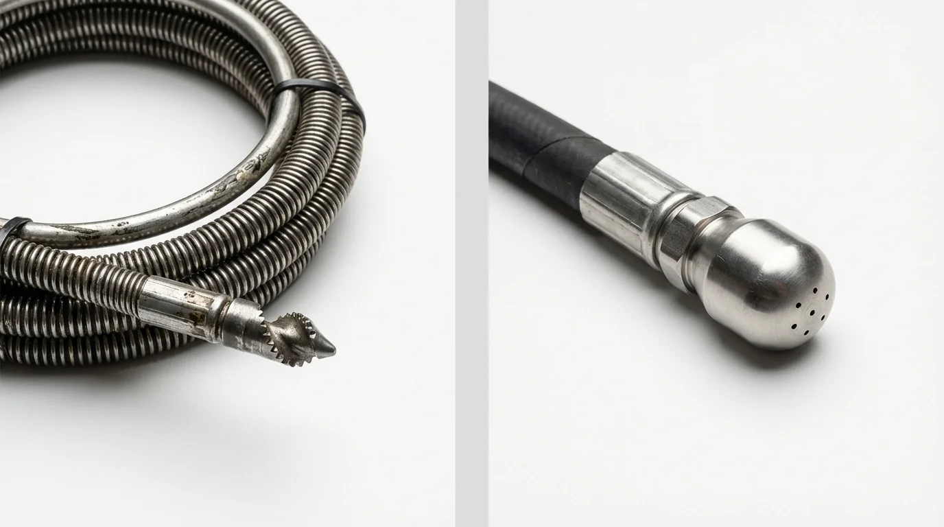 Drain snake cable and hydro jetting nozzle used for drain cleaning in Mansfield, MO