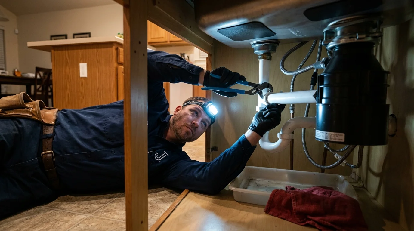 P-trap and supply line connections under a kitchen sink showing a common leak point in Mansfield, MO